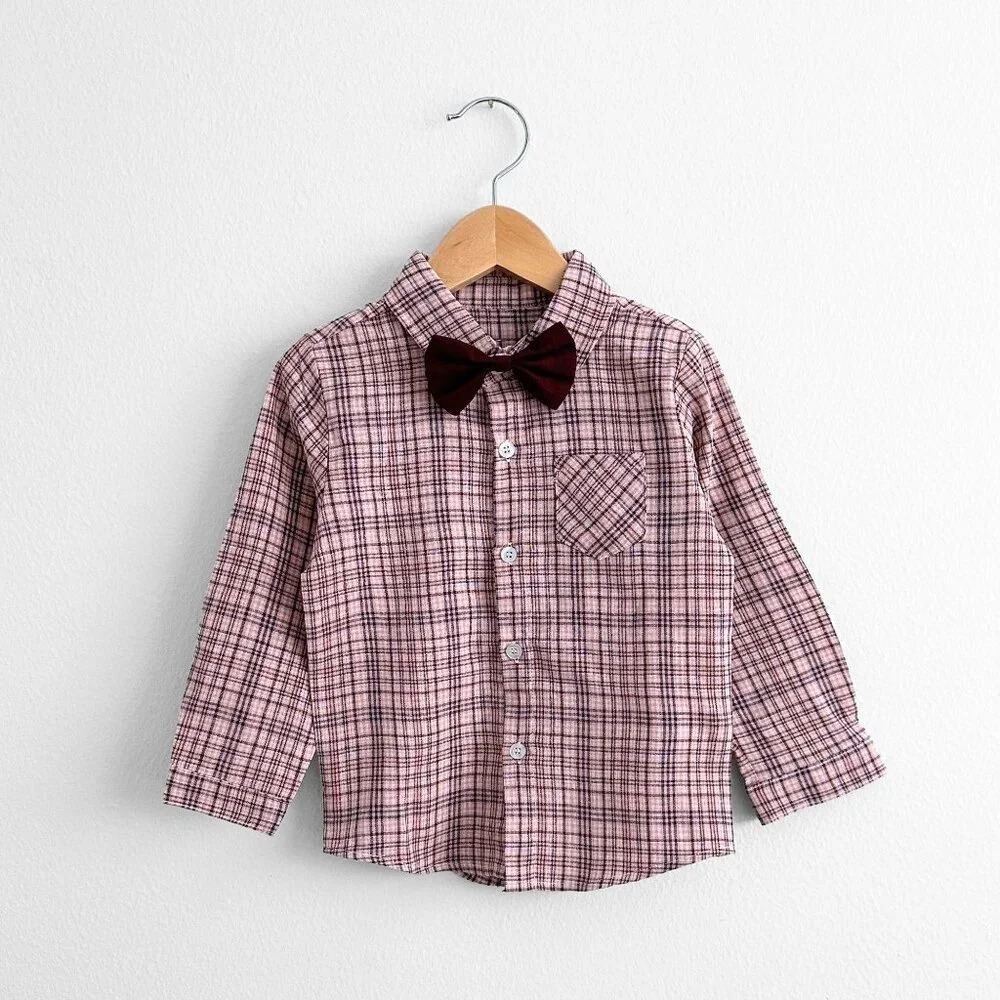 NWT Handsome Boys Dress Shirt, Bow Tie, Pants & Suspenders Set Burgundy 18-24M - Picture 2 of 5
